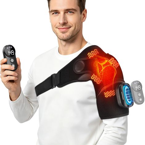 Coussin Chauffant Épaule avec Vibration et Télécommande, Chauffe-épaule Sans Fil, 5 Niveaux de Chaleur, 5 Modes de Vibration, 3 Minuteries, Batterie 5000mAh (1/5)