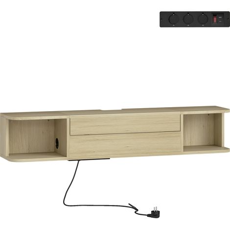 Meuble TV suspendu pour téléviseur 50 pouces - 120x24x22,4 cm, effet bois naturel - Tiroir, étagères et passe-câbles - Pour salon - Design moderne (1/5)