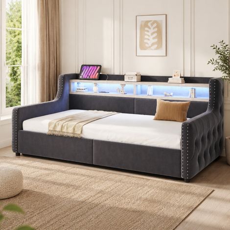 Lit coffre 90 x 200 cm en velours gris foncé avec LED, rangement hydraulique HAVRYA (1/5)
