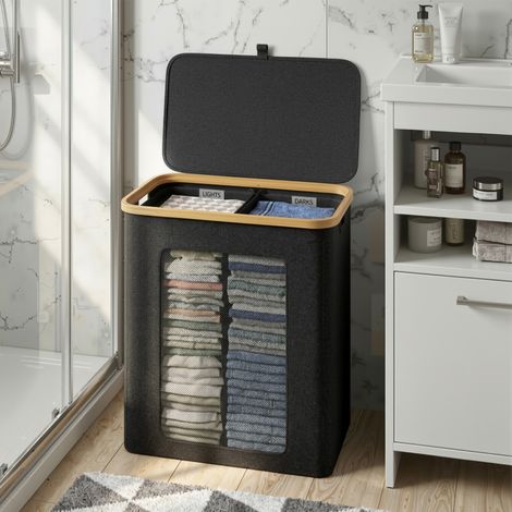 Klyvvo 140L Panier à Linge 2 Compartiments avec Couvercle (65 à 70 vêtements) - en Cadr Bambou & Tissu Oxford 600D Étanche - panier linge sale avec Sacs Intérieurs Amovibles - parfait pour la Buanderi