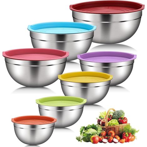 Ensemble 7 Bols Inox - Acier Inoxydable Avec Couvercles Colorés - Saladier Empilable Pour Cuisine Et Stockage (1/5)