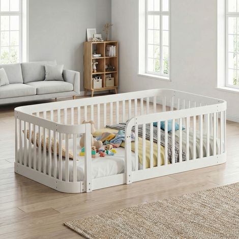 Parc bébé modulable 205x145x52 cm blanc avec bords arrondis, structure en bois, MEUBLIV (1/5)