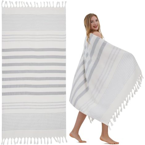 Serviette de Plage Doux-Drap de Plage Coton Légère, Serviette Plage Turque Serviette Absorbante, Séchage Rapide, Tissu de Hammam Sauna Femme Homme(Gris,180x100cm)