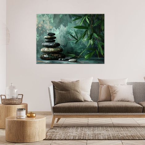 Wandbild Zen-Steine Bambus auf grünem Hintergrund 60x40 (1/4)