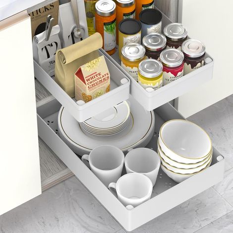 Pack de 3 cajones extraíbles para cocina – 3 tamaños 40x13x5cm, 40x18x5,5cm, 40x27x7cm – Instalación fácil con cinta nano – Deslizamiento suave y silencioso (1/4)