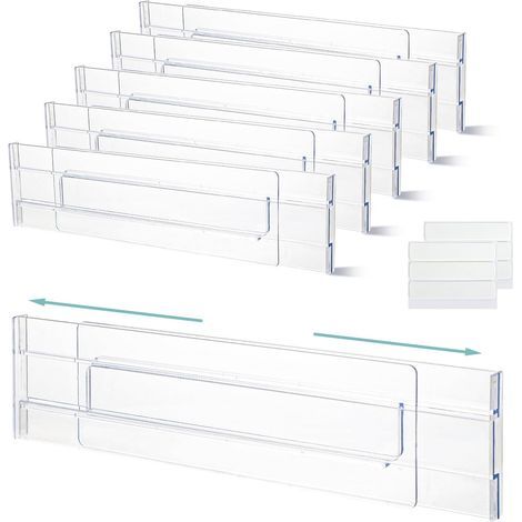 6 Pièces 27,5 52cm Séparateur Tiroirs Réglable Organisateur de Tiroir Transparent Tiroir Extensibles pour Vêtements Coiffeuse Garde robe Cuisine Taille (1/5)