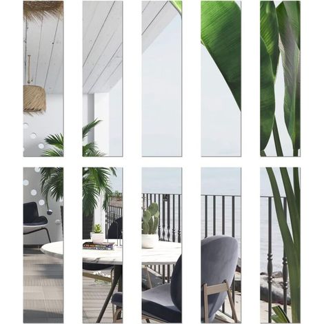 10 Pcs Acrylic Wall Mirrors, 30 x 5 cm Self-Adhesive Decorative Wall Stickers, Flexible HD Frameless Rectangular Mirror for Bathroom