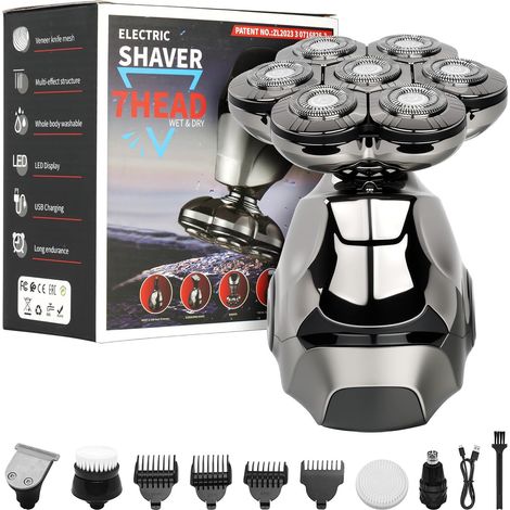 Rasoir Tete Chauve Homme, 7D Tête Magnétique Rasoir Électrique Humide IPX6 Rechargeable Sans Fil Tondeuse Cheveux Hommes avec Écran LED 90 mins d'autonomie, Gris (1/5)
