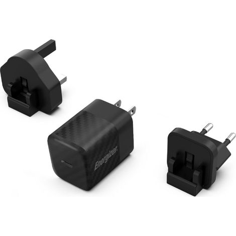 Energizer Ultimate - Caricabatterie da parete da viaggio multipresa UE/Regno Unito/USA GaN USB-C 20W PD (Nero) (1/4)