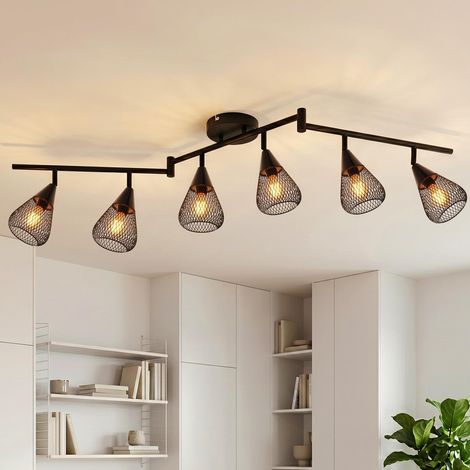Plafonnier 6 Spots Orientables avec Grille – Applique Plafond Noire Style Industriel – E14 Spots Pivotants 350° pour Cuisine, Salon, Couloir – Barre Luminaire Moderne (Sans Ampoule) (1/5)