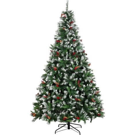 HOMCOM árbol de Navidad 240 cm, árbol de Navidad artificial nevado con 1773 ramas, bayas rojas, piñas, base de acero plegable, montaje rápido, verde (1/5)
