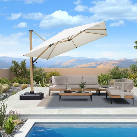 PURPLE LEAF parasol déporté carré 3 x 3 m avec apparence teck, rotation 360°, inclinaison 6 niveaux, protection UV50+, structure en aluminium, pour terrasse, jardin et piscine, Crème