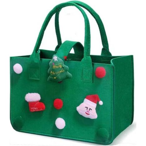 Sac de Courses Cabas, 30 20 18 cm Panier a Courses avec Poign茅e, Rectangulaire Corbeille Feutre avec Anse, Sac de Courses Reutilisable pour Journaux (Vert No毛l)