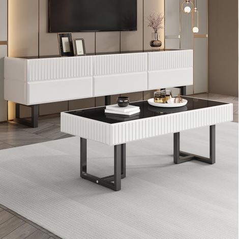 Ensemble de salon avec tiroirs et étagères, meuble TV 170 cm et table basse 110 cm, noir et blanc (1/5)