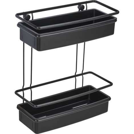 Étagère murale Molinella, tablette à 2 niveaux avec paniers profonds pour poser les articles d'hygiène en sécurité, inox laqué mat avec insert en plastique, (l x H x L) : 30x35x14 cm, noir (1/5)