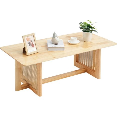 Table Basse Rectangulaire en Rotin, Table de Salon avec Plateau en Bois d'Hévéa, Meuble de Rangement Bohème Moderne de 120 cm, avec Pieds en Bois Naturel, pour Chambre à Coucher, Petits Espaces (1/5)