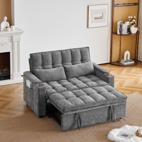 Canapé convertible 3-en-1 142 cm gris en tissu, canapé-lit avec position allongée, rangements dans les accoudoirs, poches latérales, 2 porte-gobelets et 2 coussins lombaires – CHICFURN (1/5)