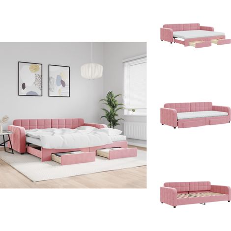 Tagesbett Ausziehbar mit Schubladen Rosa 90x200 cm Samt - Ausziehbares Tagesbett - Ausziehbare Tagesbetten - Schlafbett - Gästebett