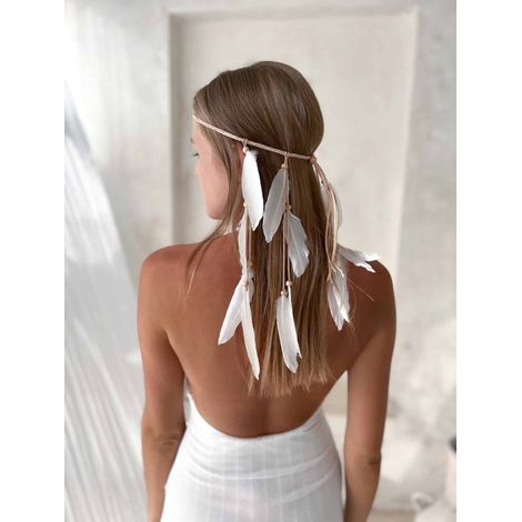 Fascia per capelli corta bianca in stile boho con piume (1/4)