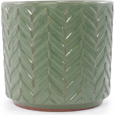 Vaso in ceramica Ø24,5 cm verde salvia lucido, rilievo a chevron, foro di drenaggio OKMYHOME (1/5)