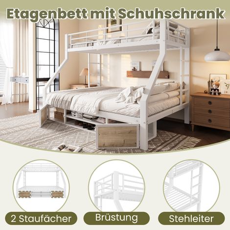 Lit superposé enfant 90x200 cm 140x200 cm avec rangements barrières sécurité échelle certifié EN747 blanc