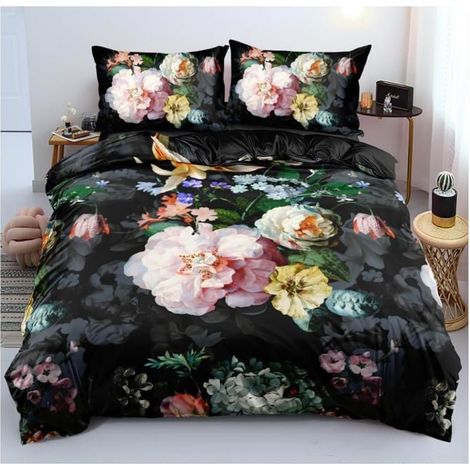 Housse de Couette 200x200 3D Fleurie Noire Rose Parure de Lit en Microfibre Motif Fleurs Adulte 2 Taies d'oreiller 65x65cm - FA6 (1/4)