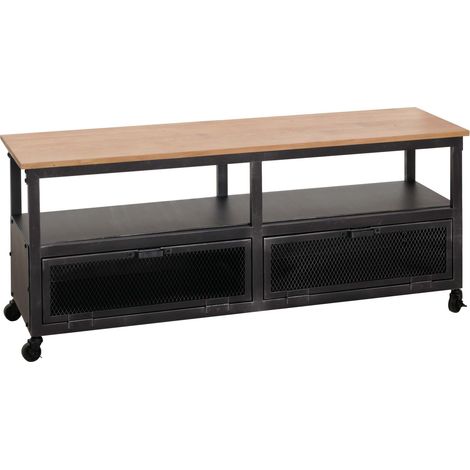 Lowboard HHG-079, TV-Rack, Rollen 2 Fächer, 3D-Struktur Industrial Retro Metall Holz 55x130x36cm schwarz, natur