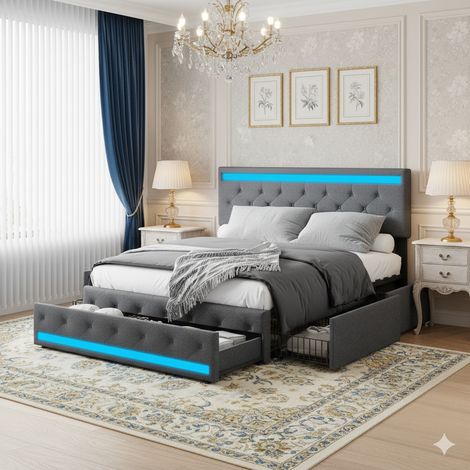 Cama 140 x 200 cm - Cama doble con LED y USB - Cama de adulto con somier de láminas - sin colchón - girs (1/5)
