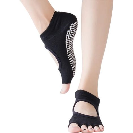 Chaussettes de yoga antidérapantes pour femmes et hommes, idéales pour le Pilates, le ballet, la danse et le yoga. Modèle chausson avec adhérence optimale. Couleur : noir.