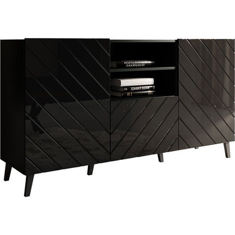 Cómoda Charlotte 143, Negro + Negro brillante, Con cajones y puertas, Número de cajones: 1, 82x150x42cm