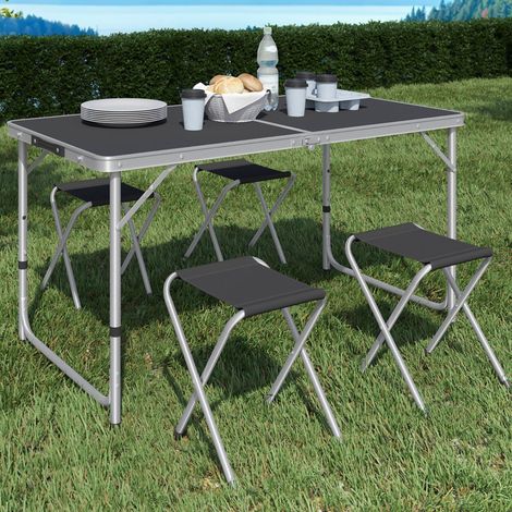 Mesa de camping plegable de altura regulable de 120 cm y 4 taburetes negros
