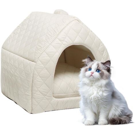 QORVA-Niche pour chat - 40 x 40 x 40 cm - Maison d'intérieur avec coussin amovible - Pliable 2 en 1 - Lit pour chat domestique - Lavable - Pour animaux de compagnie de petite et moyenne taille - Crème
