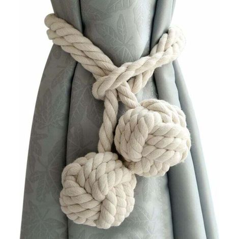2 Fermacravatte per tende con 2 palline di cotone, corda per tende in filato di cotone lavorato a maglia ecologico, stile naturale e semplice, decorazione per soggiorno o camera da letto (beige)