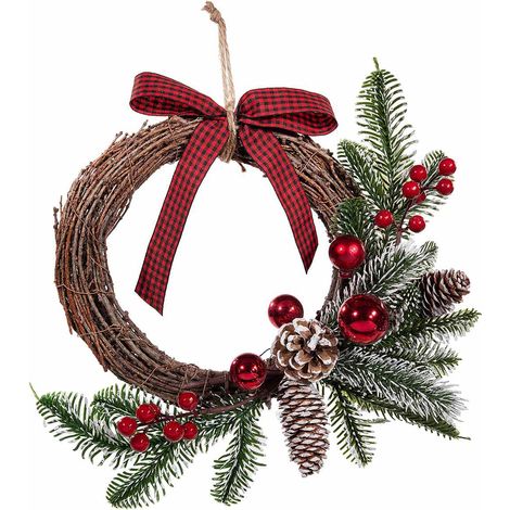 Ghirlande natalizie di rami intrecciati decorata con aghi di pino innevati decorati con bacche rosse, pigne innevate, set da 2 pezzi, Ø 25 cm