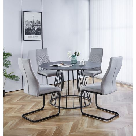 Hallowood Furniture Cullompton Dining Table and Chairs Set 4, Round Dining Table 120cm in Grey Marble Effect Top and High Backrest Grey Fabric Chairs, Perfect for Home and Café (1/5)