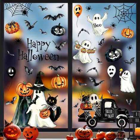9 hojas de pegatinas de Halloween: pegatinas reutilizables de doble cara para ventanas con murciélagos y fantasmas (1/5)