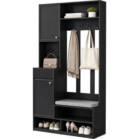 Vestiaire d'entrée 100x35x180 cm en MDF noir, avec rangement, gain de place pour entrée - FLORAGRACE (1/5)