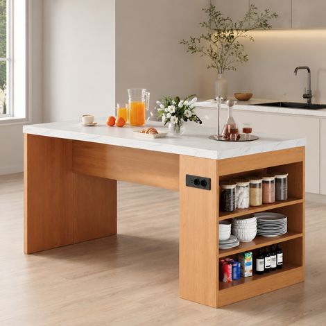 Isla de cocina 155 x 80 x 90 cm con LED, enchufes y 3 nichos, MDF HAVRYA (1/5)