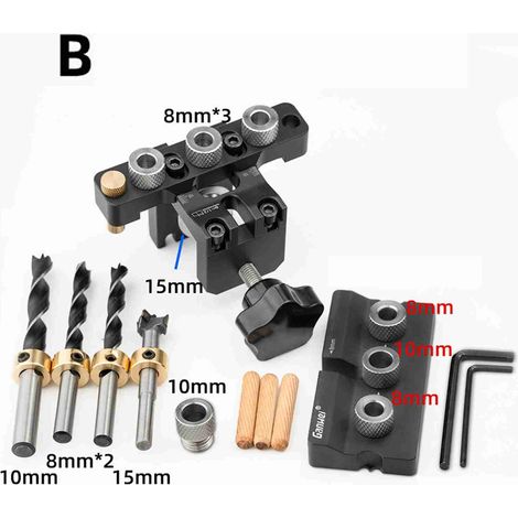 Kit de perçage à pointage 3 en 1 en alliage d'aluminium avec mèches 8-15mm, gabarit de guidage déformable pour bois, outil bricolage menuiserie pour assemblage de plaques