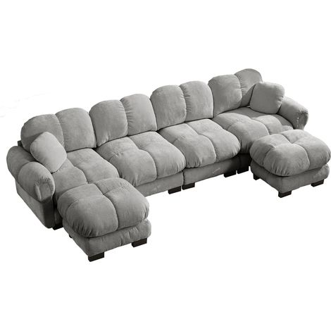 Canapé d'angle modulable 4 places en tissu chenille gris clair avec 2 poufs mobiles (1/5)