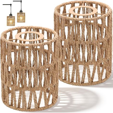 2 Pièces Abat Jour Plafond Rotin, Abat Jour Lustre Corde Tissée à la Main Cylindrique Boho pour Lampe Chevet, Lampe Pied, Applique, Lampes Suspendues, Décor Intérieure Extérieure, Chambres, Salons (1/5)