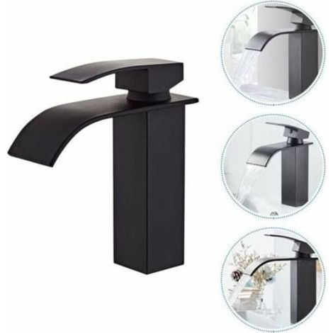 Robinet Salle de Bain et Deux Tuyaux d\\'Entrée, Robinet Lavabo avec Eau Froide & Chaude Disponible, Design Moderne de Cascade Robinet Lavabo, Conception Durable de Corps de Valve de Cuivre Noir (1/5)