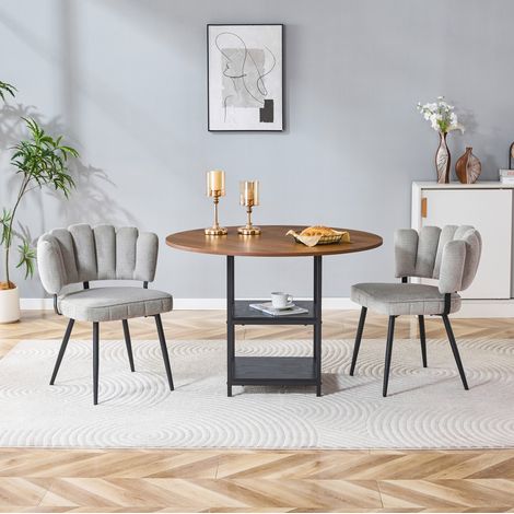REDOM conjunto de comedor redondo 107x107x75 cm, 2 sillas con respaldo floral, 2 estantes, MDF metal, gris claro, nogal y negro (1/5)