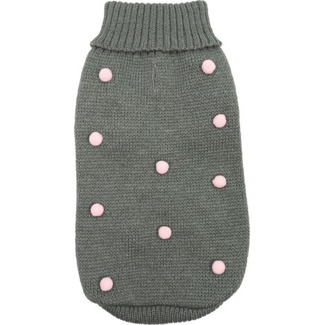 Pull pour Chien, Longueur Dos 40 cm, Pull à col Haut de Couleur Unie et Pompon velouté. Trou Laisse et Lavable en Machine Gris, M