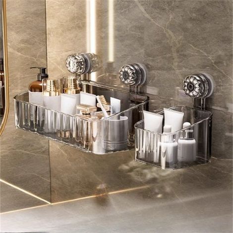 Étagère Ventouse pour Salle de Bain - Organisation Pratique et Sans Perçage - Grand + Petit Gris transparent (1/5)