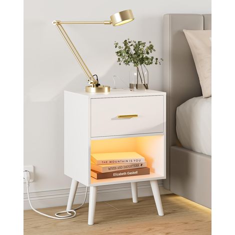Table de Chevet avec Prise, Blanc, Charge et USB, LED (1/5)