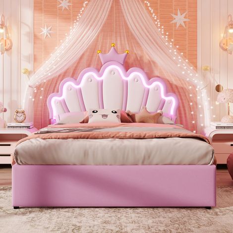 Lit rembourré 140 x 200 cm, éclairage d'ambiance avec télécommande, avec 2 tiroirs, crown princess bed, pu, rose (1/5)