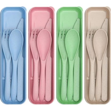 4 Couvert Plastique, Couverts Plastique Reutilisable avec Etui, Couverts Lunch Box avec Cuillère, Couteau et Fourchette, Couverts pour les Voyages, l'école et le Bureau (1/5)