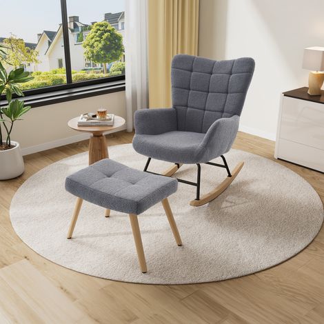Sedia a dondolo grigia in lana d'agnello con struttura in metallo e legno, 91x61x88 cm (1/5)