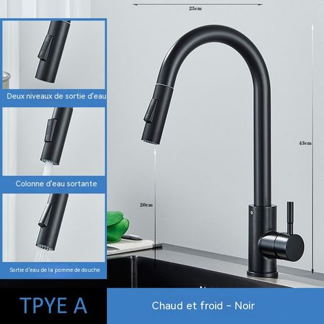 Robinet mélangeur de cuisine extractible noir Acier inoxydable 304, rotation à 360°, 2 modes de jet d’eau